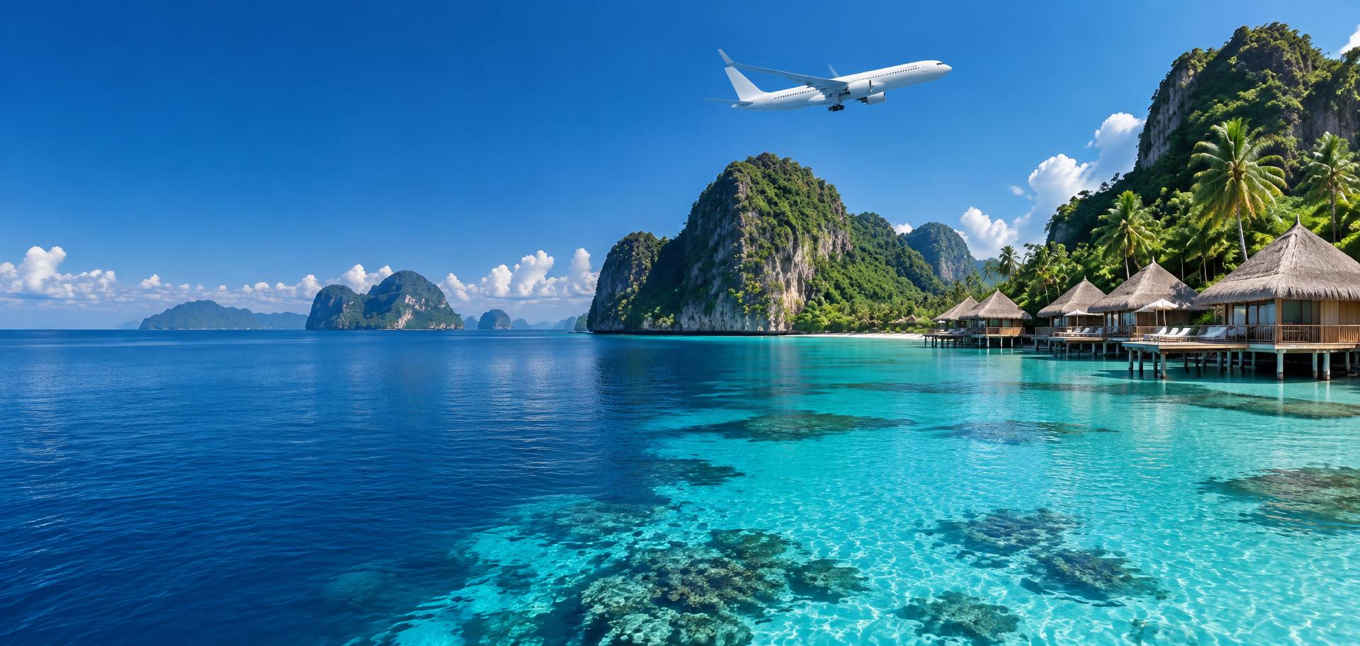 Tropical island resort and passenger airplane